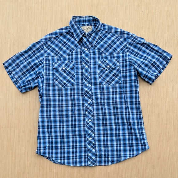 Wrangler Western Cowboy Blue Plaid Pearl Snap Short Sleeve Shirt Men's Large - Picture 1 of 5